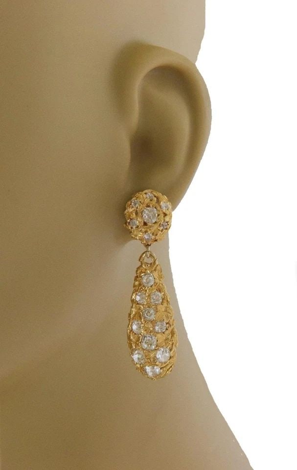 ART DECO 22K EARRINGS YELLOW GOLD 6 CARAT OLD MINE CUT DIAMONDS: ART DECO 22K EARRINGS YELLOW GOLD 6 CARAT OLD MINE CUT DIAMONDS ART DECO 22K EARRINGS YELLOW GOLD 6 CARAT OLD MINE CUT DIAMONDS Long 22k Yellow Gold Old Mine Cut Diamonds Pressure Back Dangle Earrings