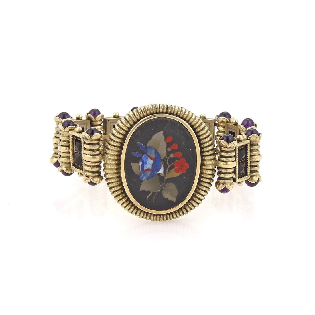 GOLD BRACELET OVAL INLAID GEMS FANCY LINK 16KT VICTORIAN: GOLD BRACELET OVAL INLAID GEMS FANCY LINK 16KT VICTORIAN GOLD BRACELET OVAL INLAID GEMS FANCY LINK 16KT VICTORIAN This antique gold bracelet features oval inlaid gems in a fancy link design, typical o