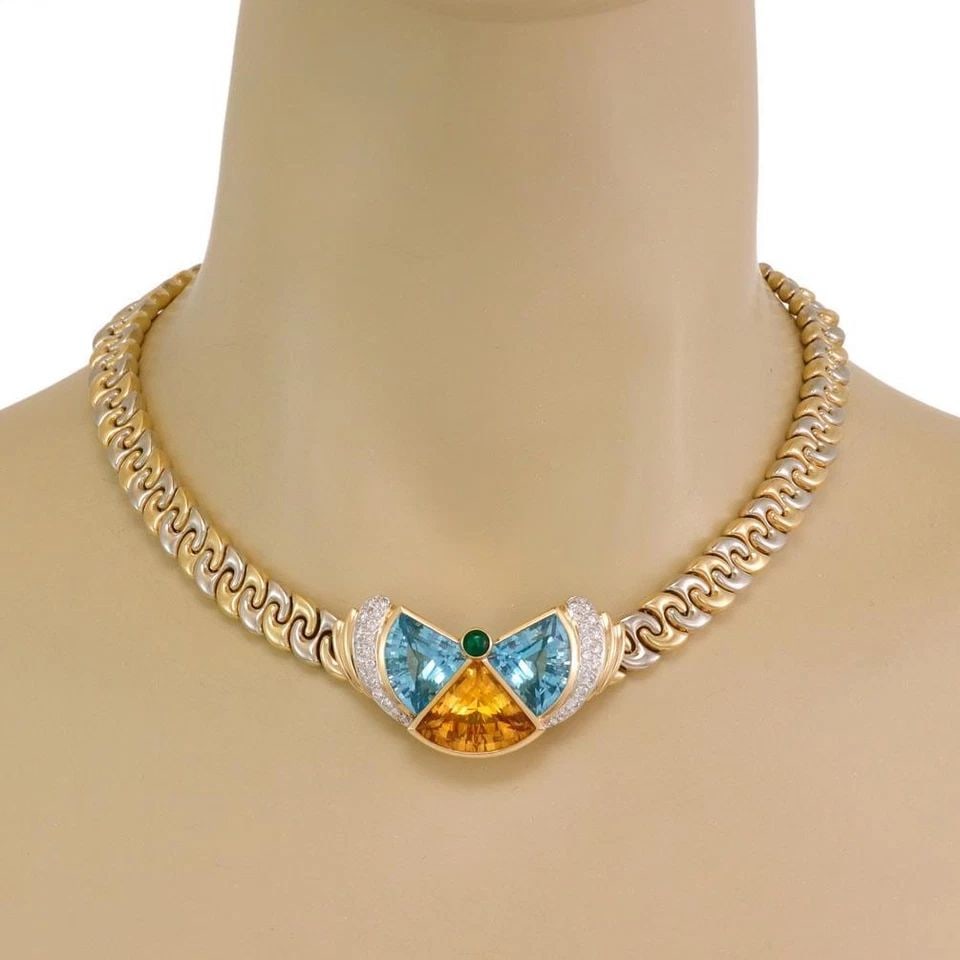 CHIMENTO 18K DIAMOND & GEMS TWO TONE GOLD FANCY COLLAR NECKLACE: CHIMENTO 18K DIAMOND & GEMS TWO TONE GOLD FANCY COLLAR NECKLACE CHIMENTO 18K DIAMOND & GEMS TWO TONE GOLD FANCY COLLAR NECKLACE Chimento Diamond & Gems 18k Two Tone Gold Fancy Collar Necklace Descript