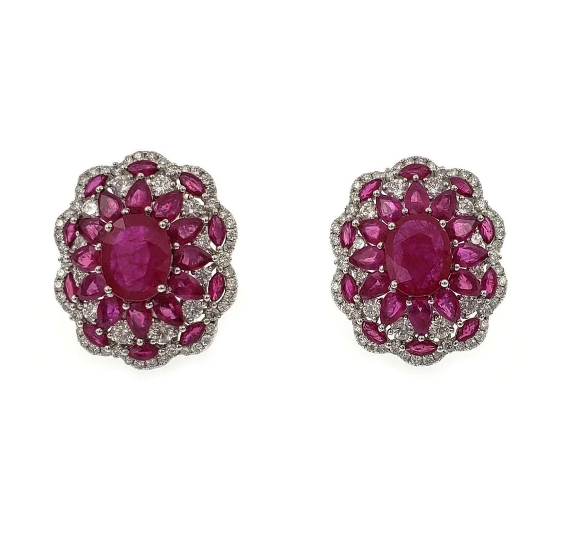 ESTATE 14.90CT DIAMOND RUBY 18K WHITE GOLD FLORAL POST CLIP EARRINGS (1 of 2)