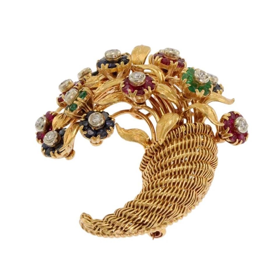 TIFFANY & CO. VINTAGE 3.35CT DIAMOND GEMS 18K GOLD CORNUCOPIA FLOWER PIN: TIFFANY & CO. VINTAGE 3.35CT DIAMOND GEMS 18K GOLD CORNUCOPIA FLOWER PIN TIFFANY & CO. VINTAGE 3.35CT DIAMOND GEMS 18K GOLD CORNUCOPIA FLOWER PIN Tiffany & Co. Vintage 3.35ct Diamond Gems 18k Gold Cor