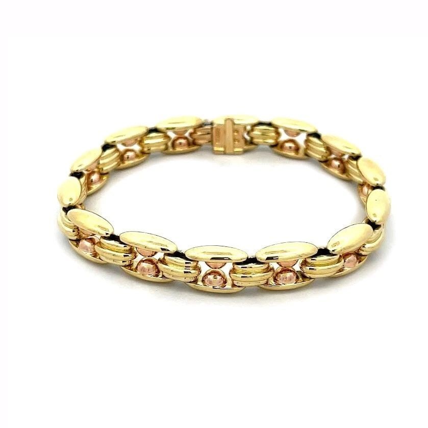 BVLGARI 18K YELLOW ROSE GOLD BRACELET OPEN BAR BEAD LINKS: BVLGARI 18K YELLOW ROSE GOLD BRACELET OPEN BAR BEAD LINKS BVLGARI 18K YELLOW ROSE GOLD BRACELET OPEN BAR BEAD LINKS Authentic and elegant by Bvlgari, this bracelet is crafted from 18k yellow and rose 
