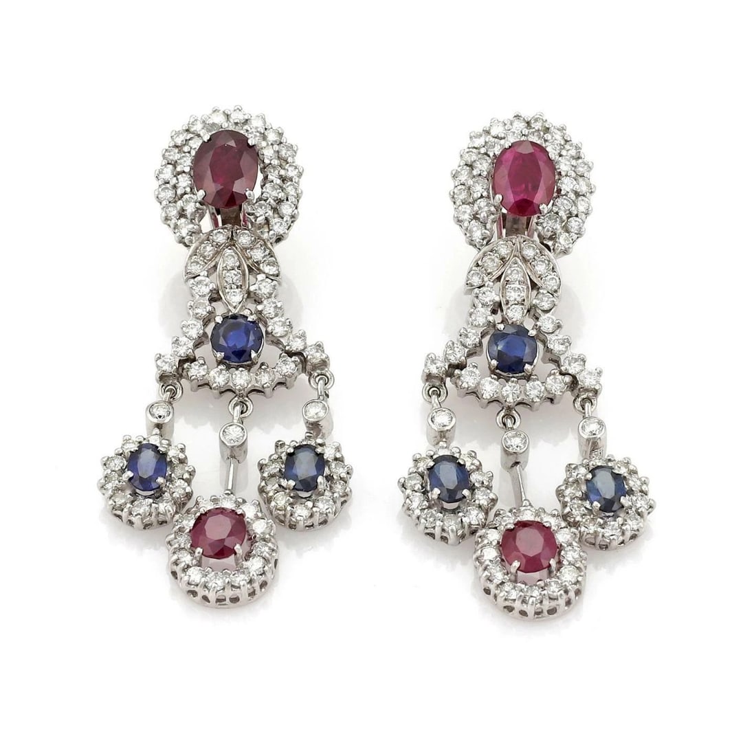EARRINGS DIAMOND WITH COLORED GEMSTONES 14K WHITE GOLD CHANDELIER ESTATE: EARRINGS DIAMOND WITH COLORED GEMSTONES 14K WHITE GOLD CHANDELIER ESTATE EARRINGS DIAMOND WITH COLORED GEMSTONES 14K WHITE GOLD CHANDELIER ESTATE These earrings feature a beautiful design with chandel