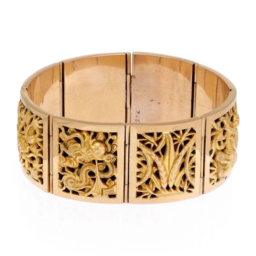 VINTAGE 20K & 17K YELLOW GOLD EMBOSSED FLORAL STYLE WIDE RECTANGLE LINK BRACELET (1 of 2)