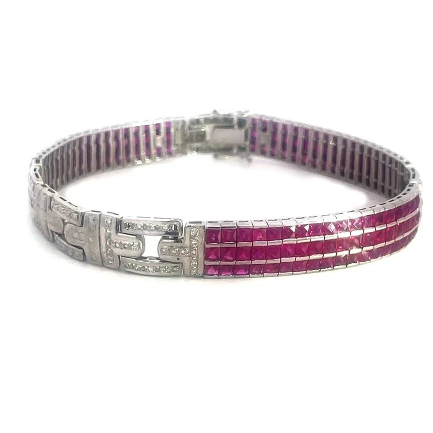 RUBY GOLD DIAMOND BRACELET 18K WHITE FRENCH CUT RUBY WIDE FANCY LINK 8.75" LONG (1 of 1)