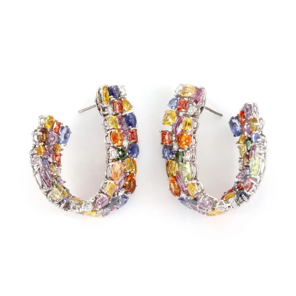 18K WHITE GOLD CARATS MULTI-COLOR SAPPHIRE & DIAMOND LARGE EARRINGS: 18K WHITE GOLD CARATS MULTI-COLOR SAPPHIRE & DIAMOND LARGE EARRINGS 18K WHITE GOLD 62 CARATS MULTI-COLOR SAPPHIRE & DIAMOND LARGE EARRINGS 18k White Gold 62 Carats Multi-Color Sapphire & Diamond Large