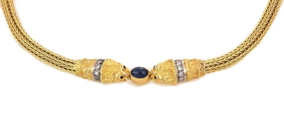 18K LION HEAD NECKLACE DIAMOND SAPPHIRE 18K TWO TONE GOLD DOUBLE COLLAR (1 of 1)