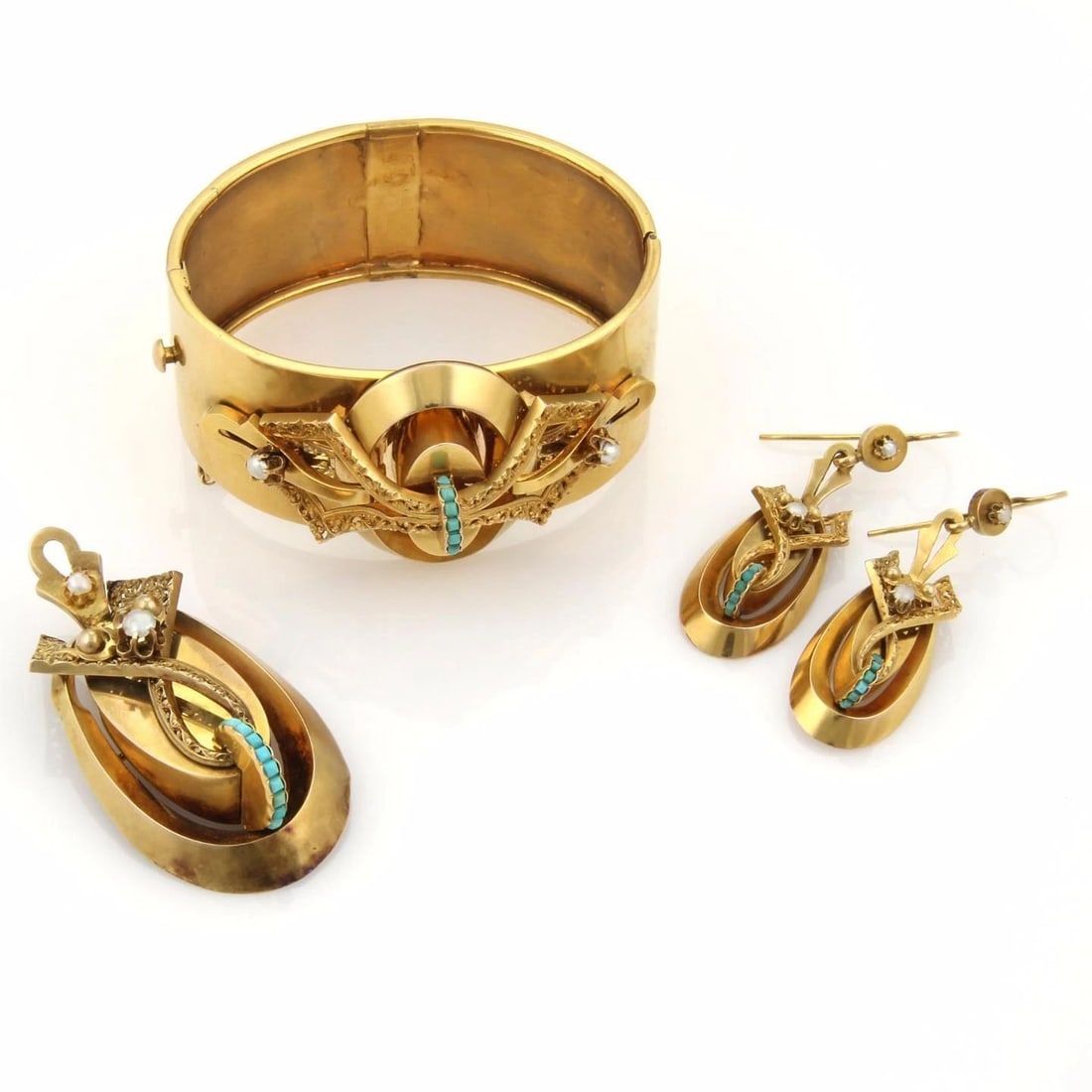 VICTORIAN GOLD BRACELET EARRINGS & BROOCH SET 17K YELLOW PEARLS & TURQUOISE (1 of 1)
