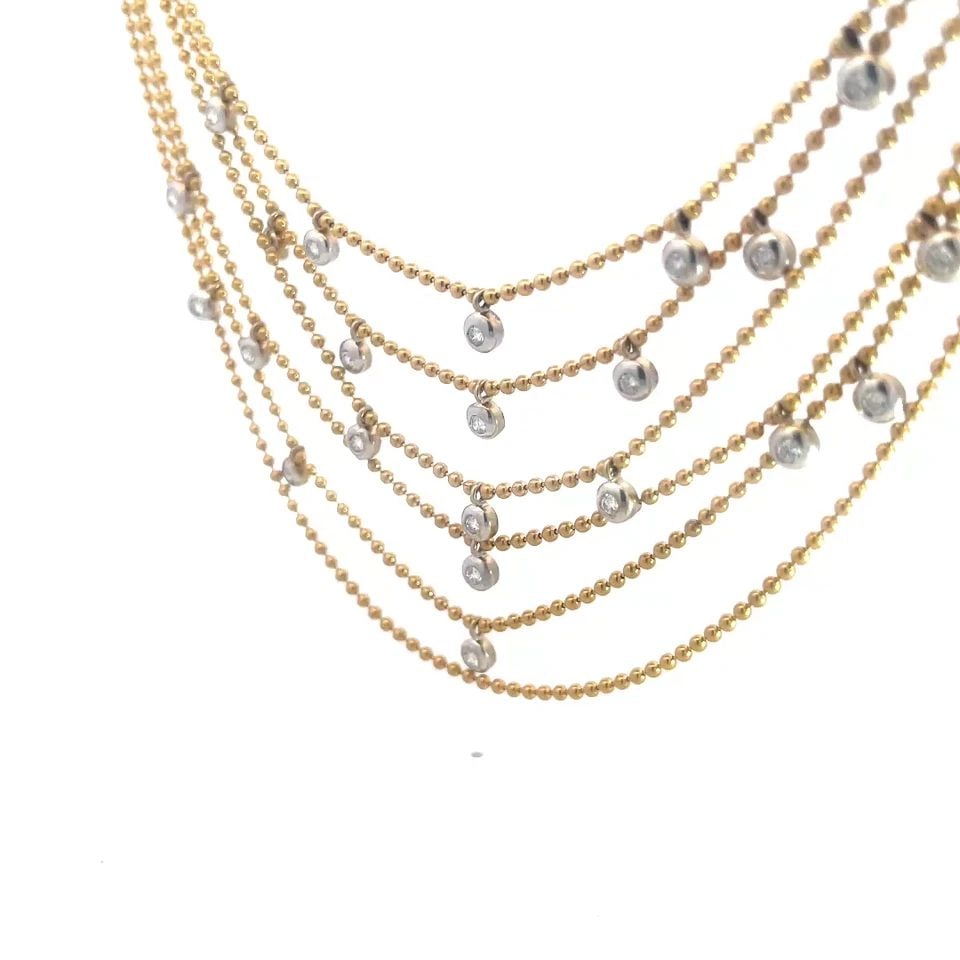 DIAMOND GOLD BIB NECKLACE 18K TWO TONE BEADED 6 STRANDS DOT MOTIFS: DIAMOND GOLD BIB NECKLACE 18K TWO TONE BEADED 6 STRANDS DOT MOTIFS DIAMOND GOLD BIB NECKLACE 18K TWO TONE BEADED 6 STRANDS DOT MOTIFS This beautiful evening attire necklace features 6 strands of yello