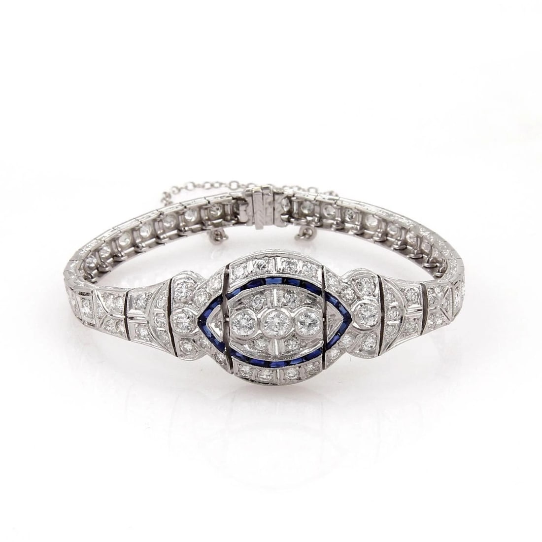 ART DECO PLATINUM BRACELET 2.75CT DIAMOND SAPPHIRE FANCY MILGRAIN (1 of 2)
