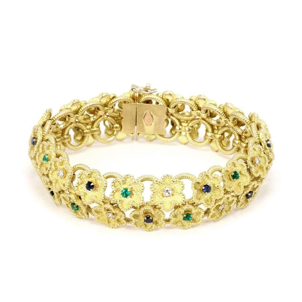DIAMOND SAPPHIRE EMERALD 18K YELLOW GOLD DOUBLE ROW FLORAL LINK BRACELET: DIAMOND SAPPHIRE EMERALD 18K YELLOW GOLD DOUBLE ROW FLORAL LINK BRACELET DIAMOND SAPPHIRE EMERALD 18K YELLOW GOLD DOUBLE ROW FLORAL LINK BRACELET Estate Diamond Sapphire Emerald18k Yellow Gold Clover 