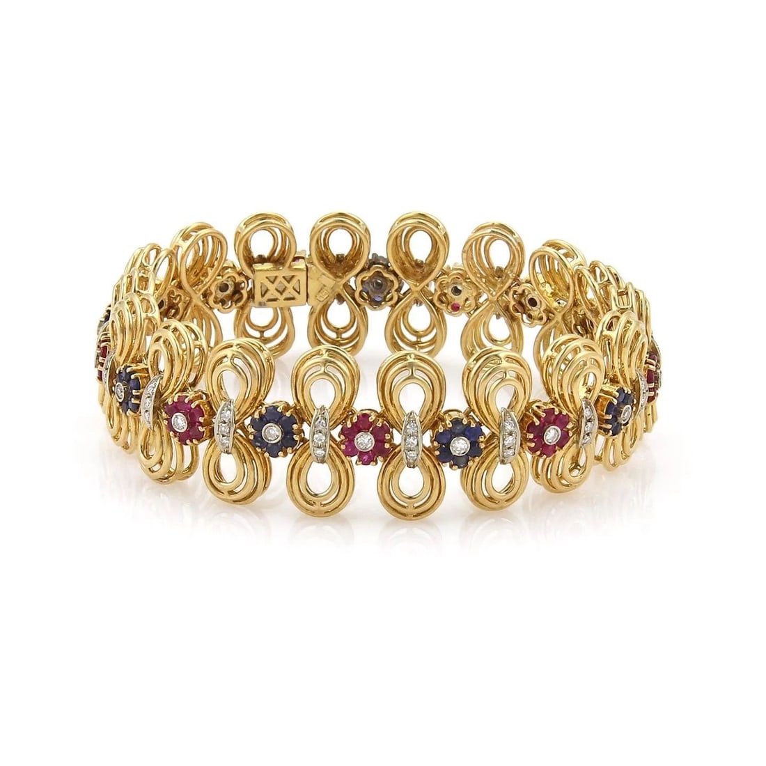 DIAMOND GEMSTONE BRACELET 18K YELLOW GOLD FLORAL DOUBLE LOOP LINK STYLE (1 of 1)