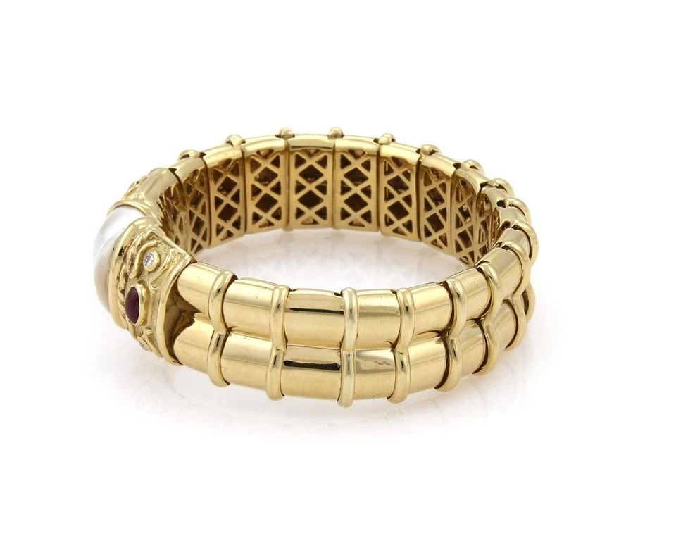 DIAMOND RUBY & PEARL BRACELET 18K YELLOW GOLD FANCY FLEX CUFF: DIAMOND RUBY & PEARL BRACELET 18K YELLOW GOLD FANCY FLEX CUFF DIAMOND RUBY & PEARL BRACELET 18K YELLOW GOLD FANCY FLEX CUFF Designer Signed Diamond Ruby & Pearls 18k Yellow Gold Fancy Flex Bracelet De