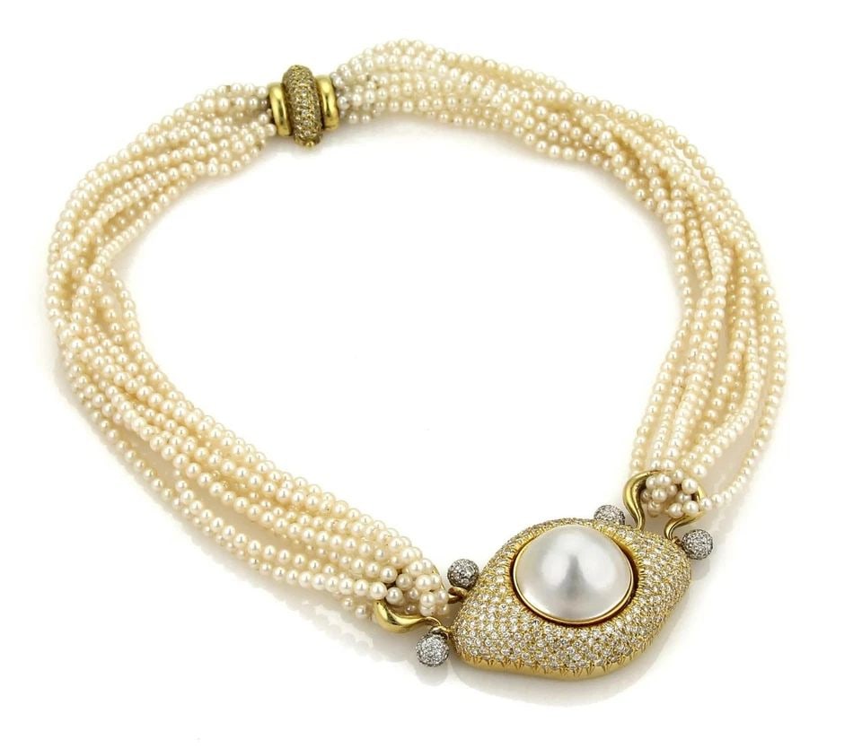 DIAMOND PEARL GOLD NECKLACE 4CT MABE 18K PENDANT MULTI-STRAND PAVE SET: DIAMOND PEARL GOLD NECKLACE 4CT MABE 18K PENDANT MULTI-STRAND PAVE SET DIAMOND PEARL GOLD NECKLACE 4CT MABE 18K PENDANT MULTI-STRAND PAVE SET This luxurious pearl and gold necklace is crafted from 18k