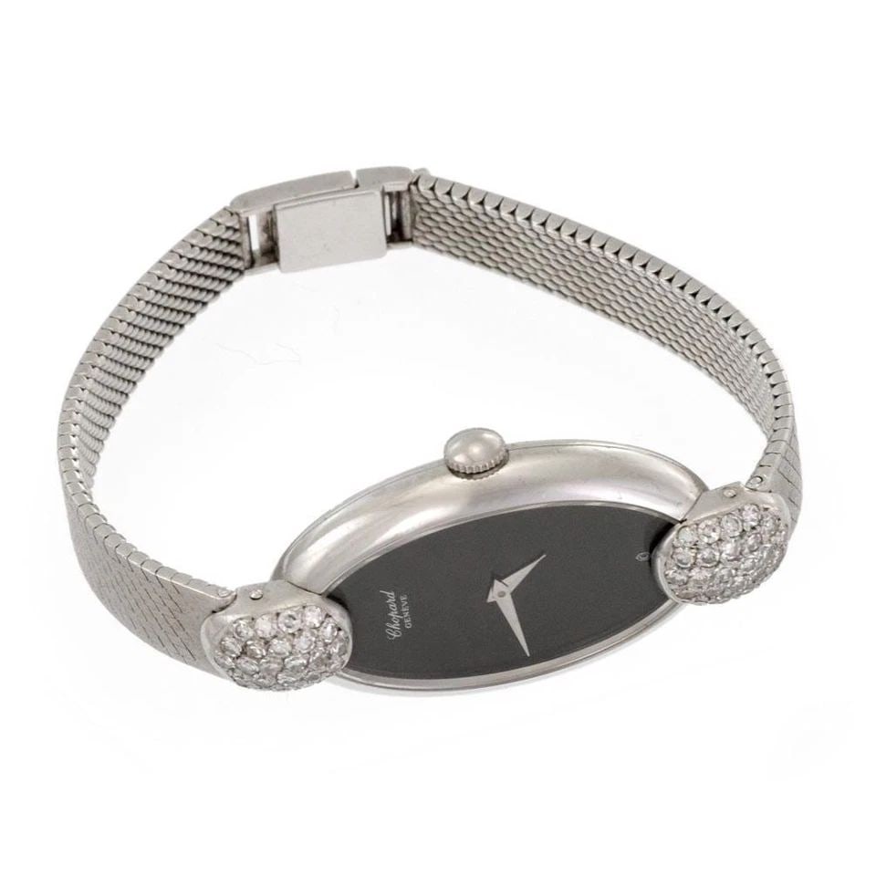 CHOPARD 1.25CT PAVE DIAMOND LUGS 18K WHITE GOLD LADIES ONYX WATCH: CHOPARD 1.25CT PAVE DIAMOND LUGS 18K WHITE GOLD LADIES ONYX WATCH CHOPARD 1.25CT PAVE DIAMOND LUGS 18K WHITE GOLD LADIES ONYX WATCH Chopard 1.25ct Pave Diamond Lugs 18k White Gold Ladies Onyx Watch De