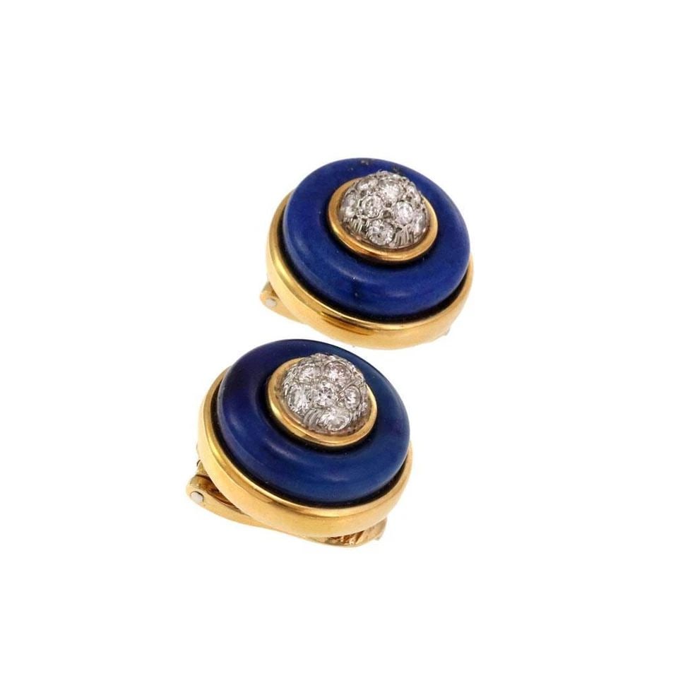 TIFFANY & CO VINTAGE DIAMOND LAPIS 18K YELLOW GOLD BUTTON CLIP ON EARRINGS: TIFFANY & CO VINTAGE DIAMOND LAPIS 18K YELLOW GOLD BUTTON CLIP ON EARRINGS TIFFANY & CO VINTAGE DIAMOND LAPIS 18K YELLOW GOLD BUTTON CLIP ON EARRINGS Tiffany & Co Vintage Diamond Lapis 18k Yellow Gold