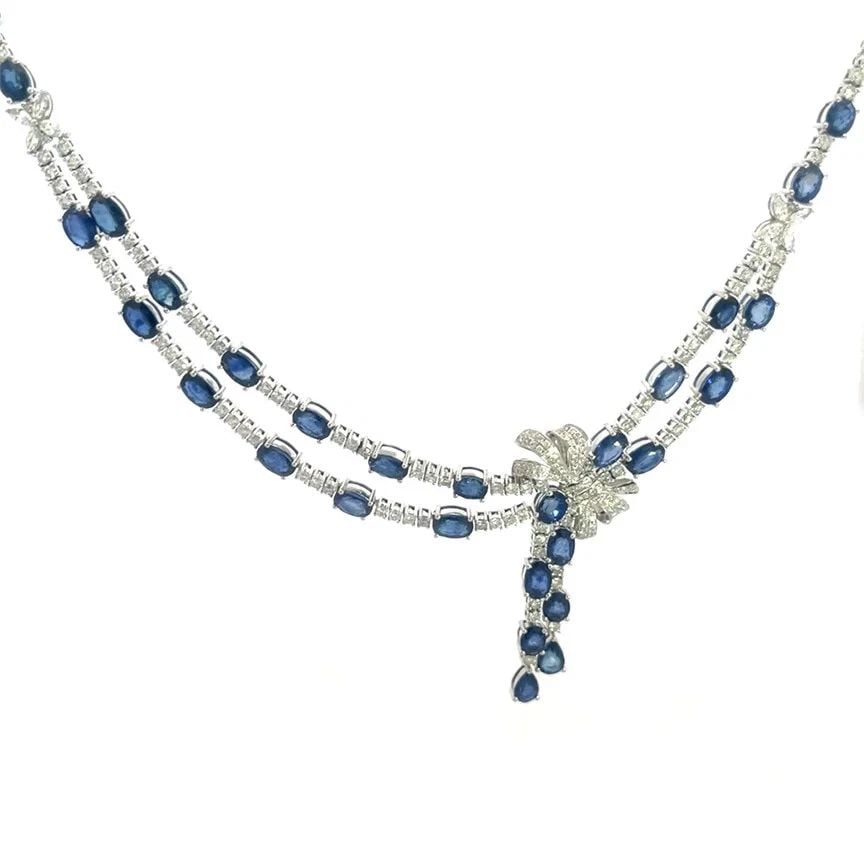 SAPPHIRE DIAMOND GOLD NECKLACE 18K WHITE COCKTAIL CENTERPIECE RIBBON BOW (1 of 2)