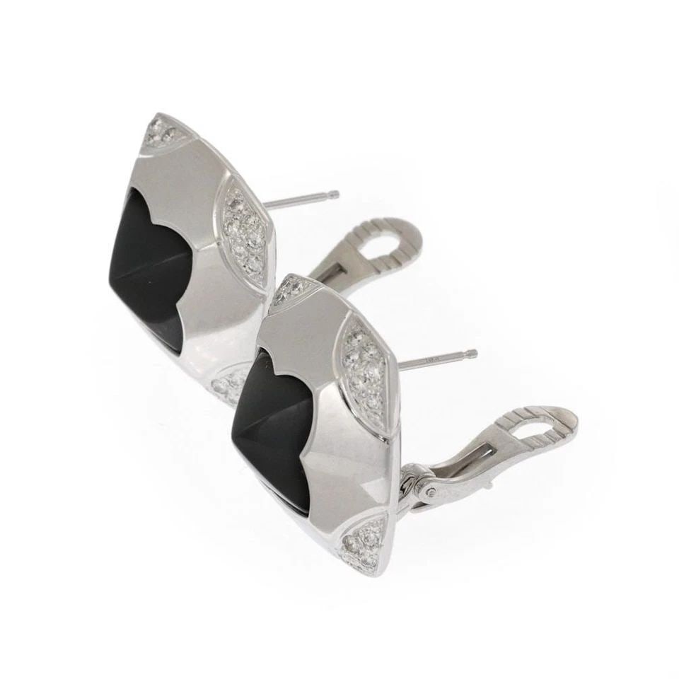 BVLGARI 1.25CT DIAMOND ONYX 18K WHITE GOLD PYRAMID FLORAL HUGGIE EARRINGS: BVLGARI 1.25CT DIAMOND ONYX 18K WHITE GOLD PYRAMID FLORAL HUGGIE EARRINGS BVLGARI 1.25CT DIAMOND ONYX 18K WHITE GOLD PYRAMID FLORAL HUGGIE EARRINGS Bvlgari 1.25ct Diamond Onyx 18k White Gold Pyramid F