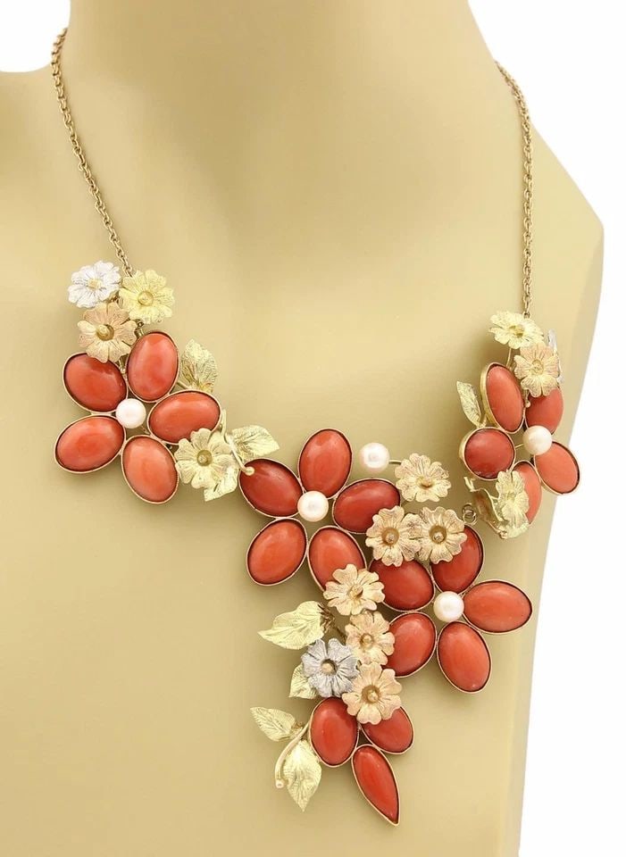 18K ART NUOVO CORAL NECKLACE LARGE FLORAL NECKLACE: 18K ART NUOVO CORAL NECKLACE LARGE FLORAL NECKLACE 18K ART NUOVO CORAL NECKLACE LARGE FLORAL NECKLACE Art Nuovo 18k Tricolor Gold Coral & Pearls Floral Drape Necklace This large Art Nuovo style floral