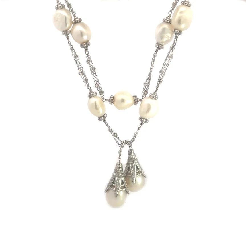 DIAMOND GOLD PEARL NECKLACE TOWER CAP STYLE 18K WHITE LARIAT 42" LONG: DIAMOND GOLD PEARL NECKLACE TOWER CAP STYLE 18K WHITE LARIAT 42" LONG DIAMOND GOLD PEARL NECKLACE TOWER CAP STYLE 18K WHITE LARIAT 42" LONG Add elegant and luxury to your collection with the stunning 