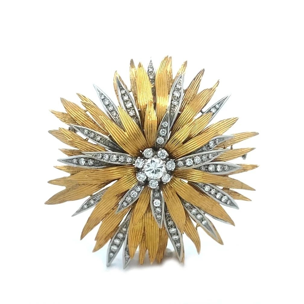 SPRITZER & FUHRMANN GOLD BROOCH DIAMON 18K TWO TONE 4 TIER LAYERED PETALS: SPRITZER & FUHRMANN GOLD BROOCH DIAMON 18K TWO TONE 4 TIER LAYERED PETALS SPRITZER & FUHRMANN GOLD BROOCH DIAMON 18K TWO TONE 4 TIER LAYERED PETALS This is a beautiful eye-catch vintage brooch by Spri