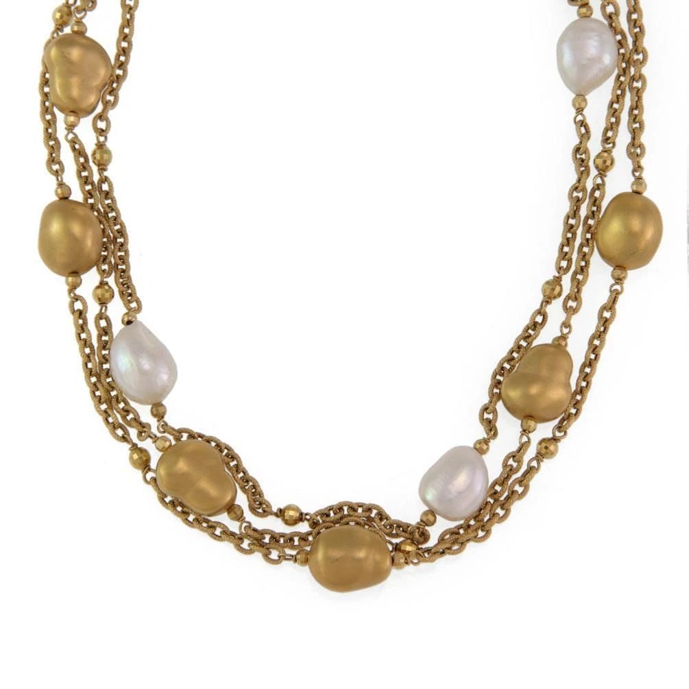ROBERTO COIN PEARLS NECKLACE 18K YELLOW GOLD TRIPLE STRAND NUGGET MOTIFS (1 of 2)