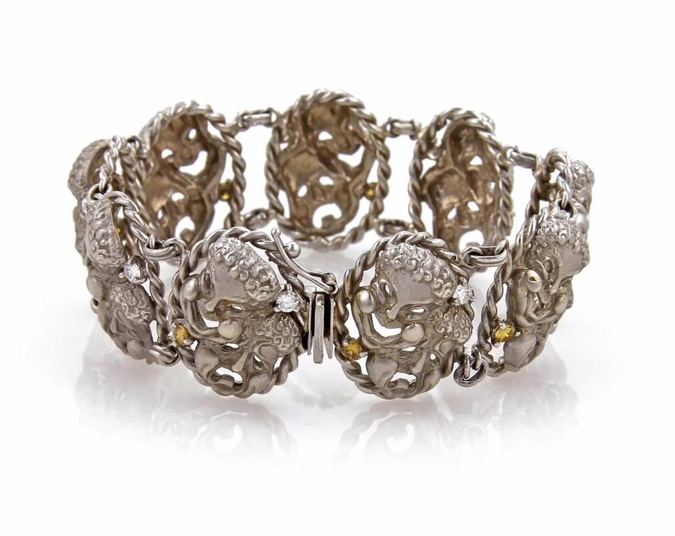 GOLD HAPPY SAD FACE BRACELET YELLOW & WHITE DIAMOND 14K WHITE GOLD OVAL LINK (1 of 1)