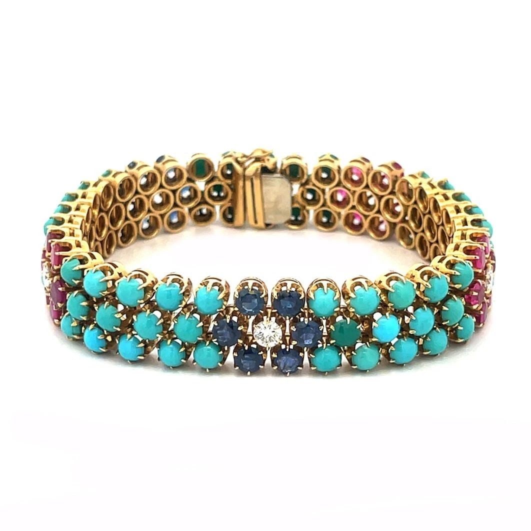 DIAMOND TURQUOISE GOLD BRACELET 18K YELLOW WITH DIAMOND RUBY SAPPHIRE VINTAGE (1 of 1)