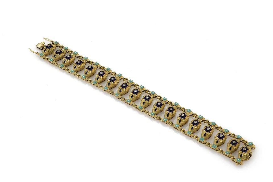 VINTAGE DIAMOND & ENAMEL 18K YELLOW GOLD WIDE FANCY FLORAL BRACELET: VINTAGE DIAMOND & ENAMEL 18K YELLOW GOLD WIDE FANCY FLORAL BRACELET VINTAGE DIAMOND & ENAMEL 18K YELLOW GOLD WIDE FANCY FLORAL BRACELET Vintage Diamond & Enamel 18k Yellow Gold Wide Fancy Floral Flex 