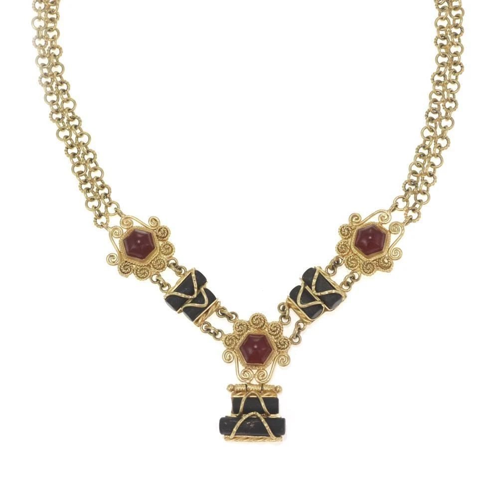 ESTATE 18K YELLOW GOLD RUBY ONYX FANCY PENDANT & CHAIN NECKLACE (1 of 2)