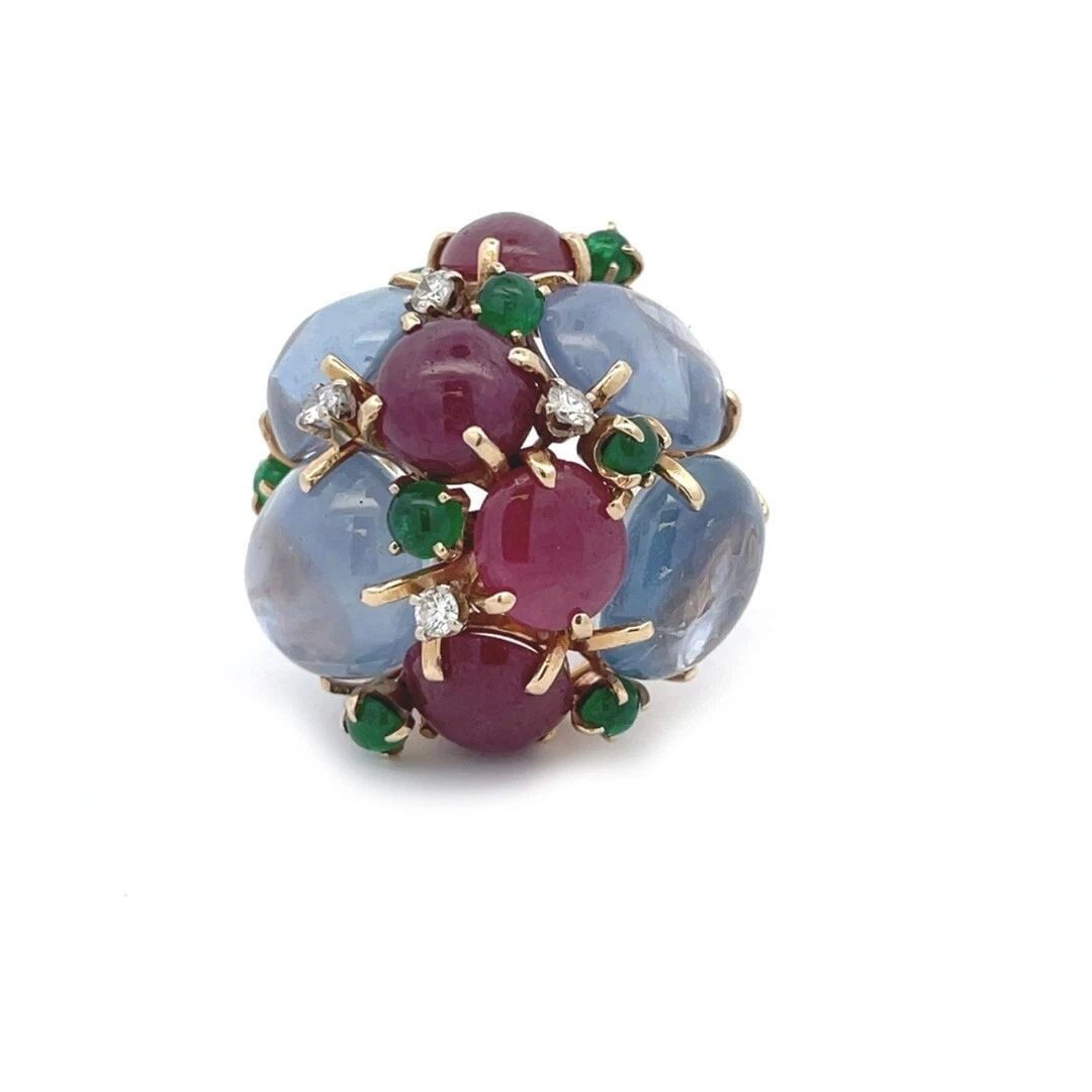 VINTAGE DIAMONDS & SAPPHIRE RUBY EMERALD 13K YELLOW GOLD LARGE DOME RING (1 of 2)