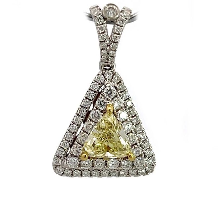FANCY YELLOW DIAMOND PENDANT 18K GOLD TRIANGLE WHITE HALO DESIGN GIA CERT: FANCY YELLOW DIAMOND PENDANT 18K GOLD TRIANGLE WHITE HALO DESIGN GIA CERT FANCY YELLOW DIAMOND PENDANT 18K GOLD TRIANGLE WHITE HALO DESIGN GIA CERT This stunning pendant is crafted from 18k white gold