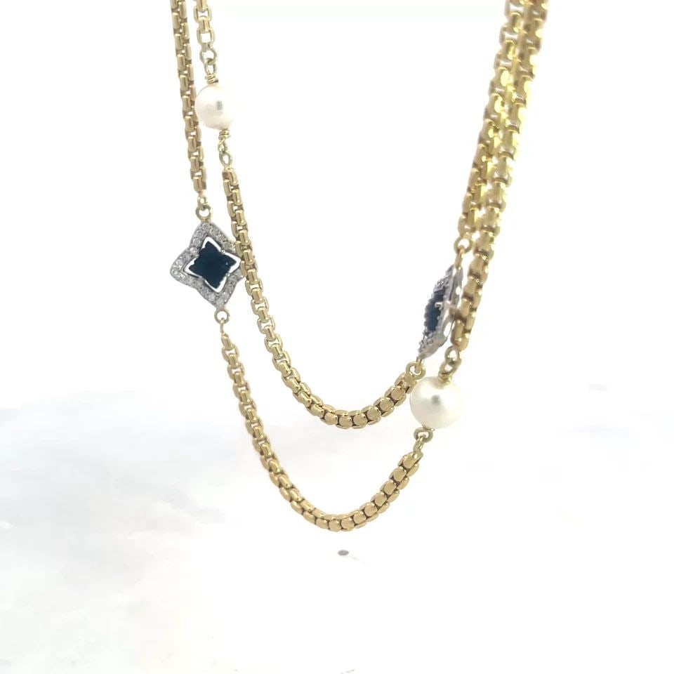 DAVID YURMAN QUATREFOIL GOLD NECKLACE DIAMOND & GEMS 18K YELLOW BOX CHAIN 32" L: DAVID YURMAN QUATREFOIL GOLD NECKLACE DIAMOND & GEMS 18K YELLOW BOX CHAIN 32" L DAVID YURMAN QUATREFOIL GOLD NECKLACE DIAMOND & GEMS 18K YELLOW BOX CHAIN 32" L Elevate your jewelry collection with thi