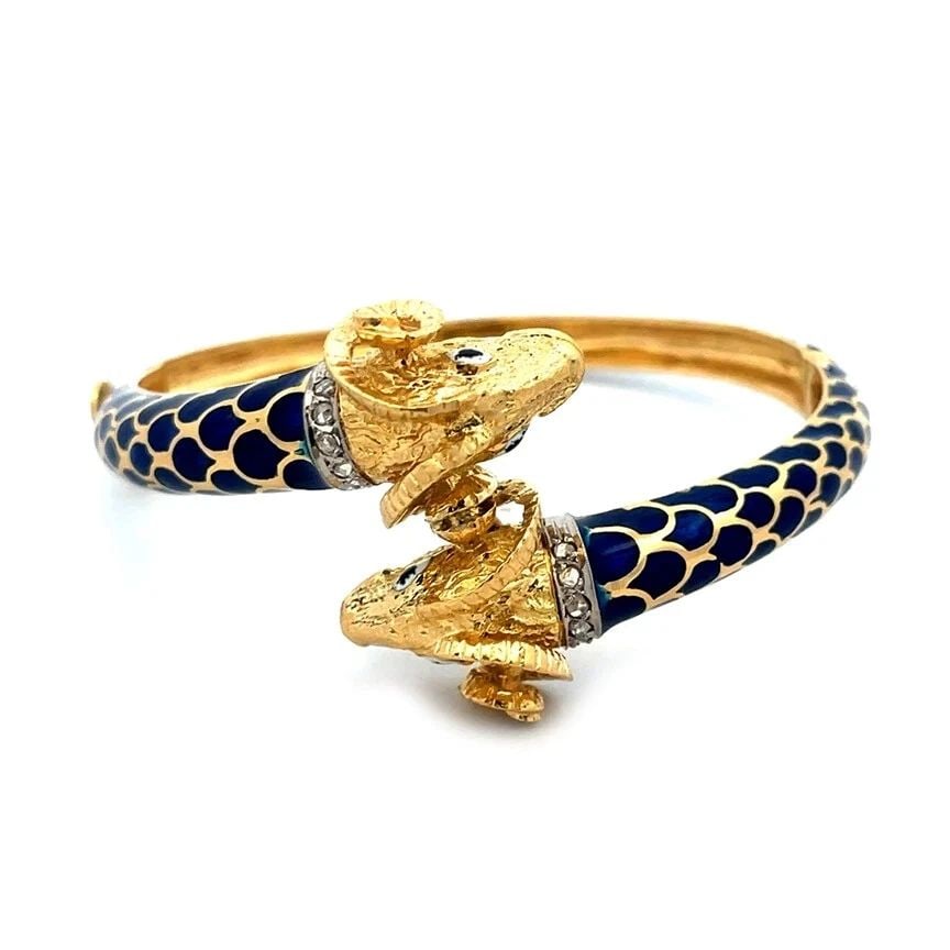 GOLD RAMS HEAD BRACELET DOUBLE HEAD 18K YELLOW HINGE BANGLE BLUE ENAMEL VINTAGE: GOLD RAMS HEAD BRACELET DOUBLE HEAD 18K YELLOW HINGE BANGLE BLUE ENAMEL VINTAGE GOLD RAMS HEAD BRACELET DOUBLE HEAD 18K YELLOW HINGE BANGLE BLUE ENAMEL VINTAGE This is an impressive vintage and detail