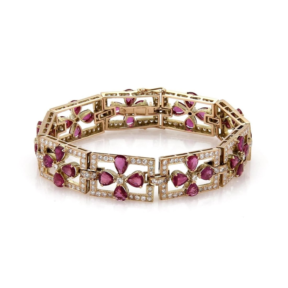 DIAMOND & RUBY GOLD BRACELET 14K ROSE VINTAGE 19.50CT FLORAL LINK FLEX BAND (1 of 1)