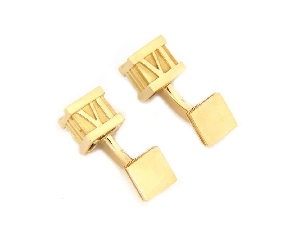 TIFFANY & CO. ATLAS 18K YELLOW GOLD ROMAN NUMERAL BOX SHAPE STUD CUFFLINKS: TIFFANY & CO. ATLAS 18K YELLOW GOLD ROMAN NUMERAL BOX SHAPE STUD CUFFLINKS TIFFANY & CO. ATLAS 18K YELLOW GOLD ROMAN NUMERAL BOX SHAPE STUD CUFFLINKS Tiffany & Co. Atlas 18k Yellow Gold Roman Numeral 