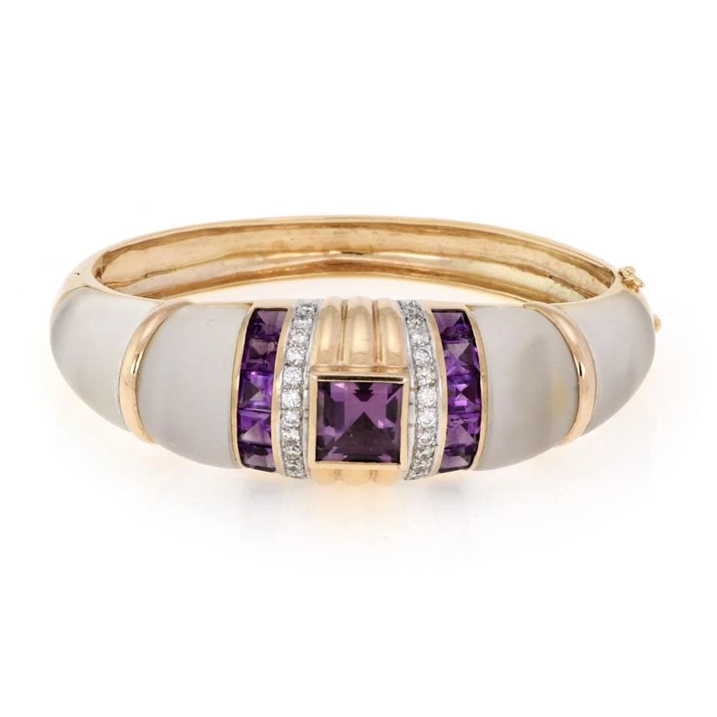 ESTATE 9.55CT DIAMOND AMETHYST FROSTED CRYSTAL 14K YELLOW GOLD DOME BRACELET: ESTATE 9.55CT DIAMOND AMETHYST FROSTED CRYSTAL 14K YELLOW GOLD DOME BRACELET ESTATE 9.55CT DIAMOND AMETHYST FROSTED CRYSTAL 14K YELLOW GOLD DOME BRACELET Estate 9.55ct Diamond Amethyst Frosted Crystal
