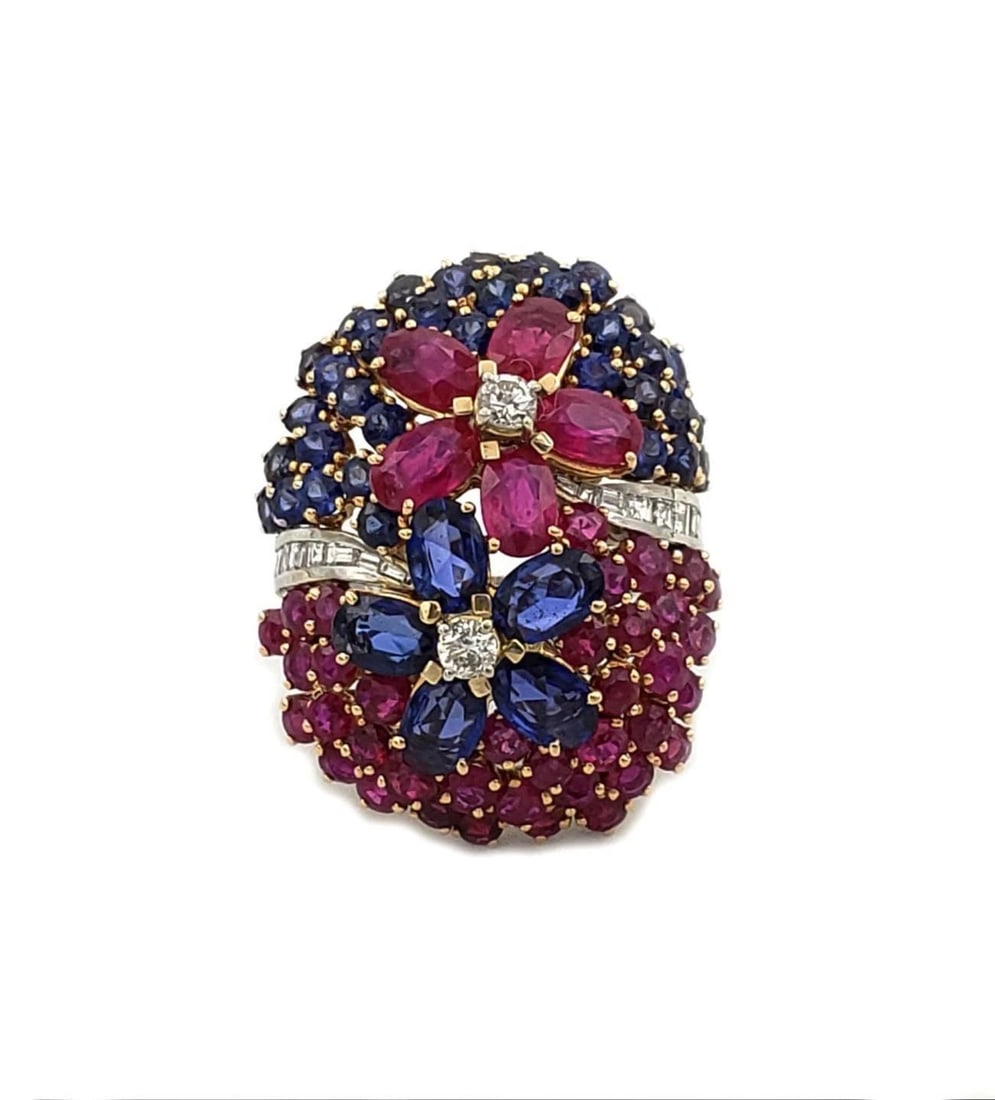 STUNNING 13CT RUBY SAPPHIRE DIAMONDS 14K WHITE GOLD FLORAL LONG DOME RING (1 of 1)