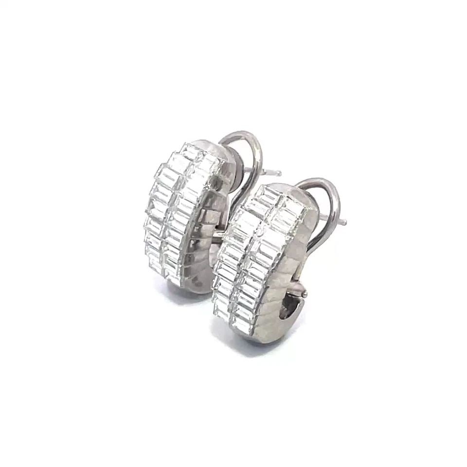 DIAMOND PLATINUM EARRINGS 3.8CT INVISIBLE SET HALF HOOP STYLE: DIAMOND PLATINUM EARRINGS 3.8CT INVISIBLE SET HALF HOOP STYLE DIAMOND PLATINUM EARRINGS 3.8CT INVISIBLE SET HALF HOOP STYLE The stunning pair of diamond and platinum earrings features double row wide 