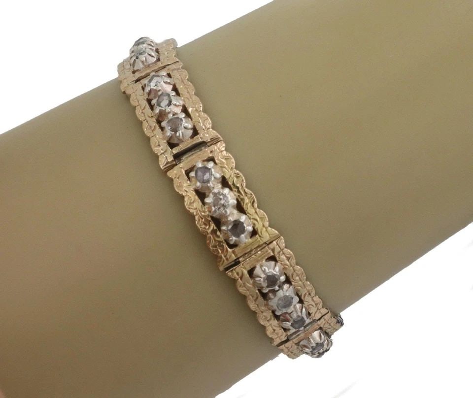 EDWARDIAN 1.80CT ROSE CUT DIAMONDS 14K TWO TONE GOLD FLORAL ETCHED BRACELET: EDWARDIAN 1.80CT ROSE CUT DIAMONDS 14K TWO TONE GOLD FLORAL ETCHED BRACELET EDWARDIAN 1.80CT ROSE CUT DIAMONDS 14K TWO TONE GOLD FLORAL ETCHED BRACELET Edwardian 1.80ct Rose Cut Diamonds 14k Two Tone 