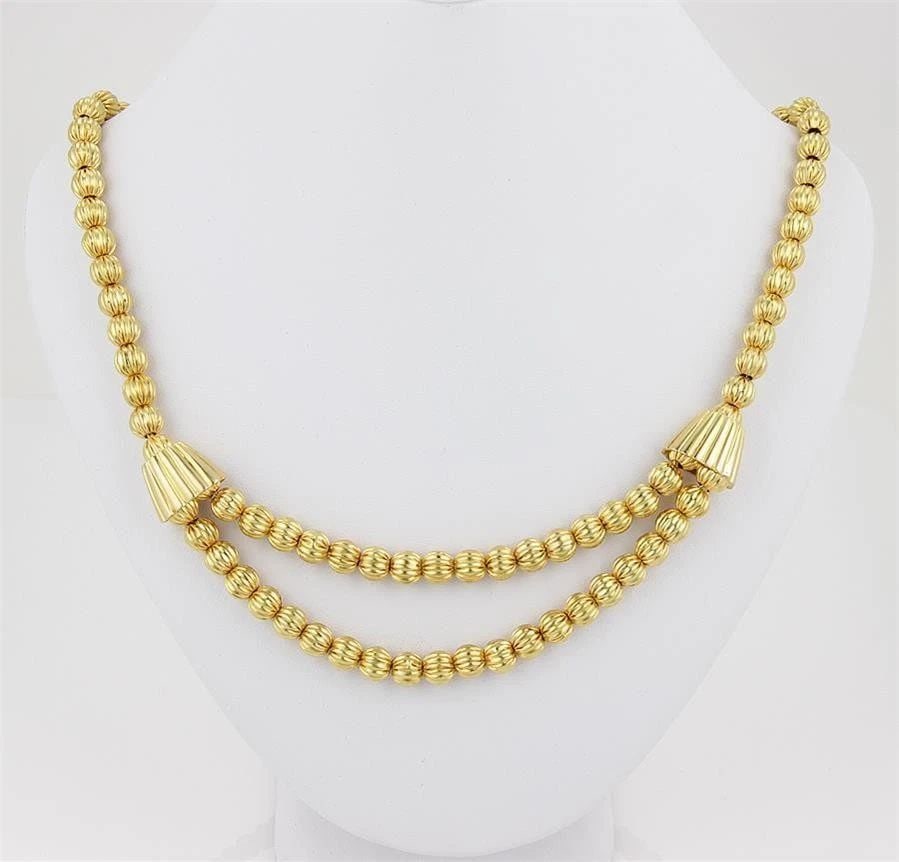 YELLOW GOLD 18K BEAD NECKLACE FLUTED DOUBLE STRAND DRAPE CHAIN (1 of 2)