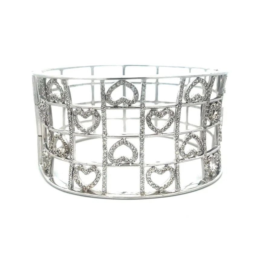 DIAMOND GOLD WIDE BRACELET 14K WHITE PAVE SET HEART OPEN GATE STYLE BAND (1 of 2)