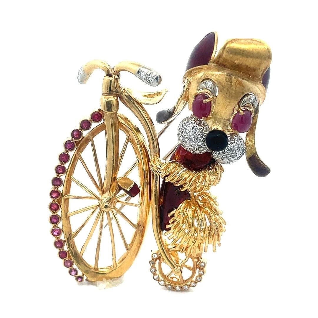 DOG RIDING BICYCLE GOLD BROOCH ENAMEL DIAMONDS & GEMS SPECIAL!! (1 of 1)