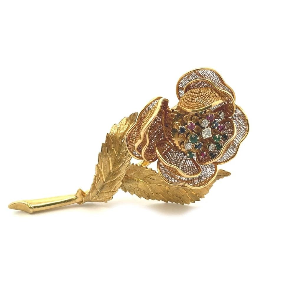 DIAMOND & GEMS 18K YELLOW GOLD MOVABLE MESH PETALS ROSE BROOCH: DIAMOND & GEMS 18K YELLOW GOLD MOVABLE MESH PETALS ROSE BROOCH DIAMOND & GEMS 18K YELLOW GOLD MOVABLE MESH PETALS ROSE BROOCH Diamond & Gems 18k Yellow Gold Movable Mesh Petals Rose Brooch Description
