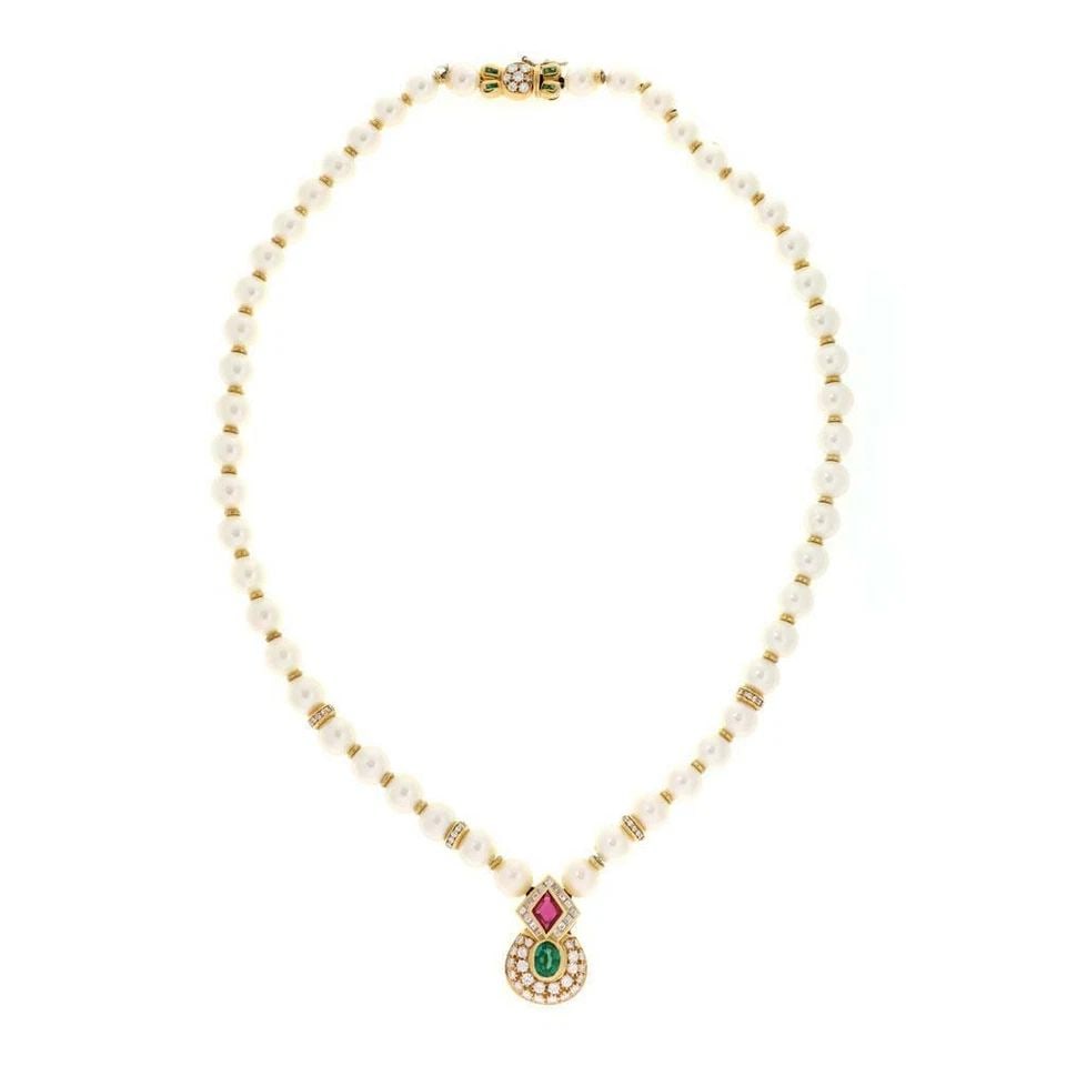 EMERAL RUBY DIAMOND 18K YELLOW GOLD PENDANT PEARL DRESS NECKLACE: EMERAL RUBY DIAMOND 18K YELLOW GOLD PENDANT PEARL DRESS NECKLACE EMERAL RUBY DIAMOND 18K YELLOW GOLD PENDANT PEARL DRESS NECKLACE Emeral Ruby Diamond 18k Yellow Gold Pendant Pearl Dress Necklace Descr