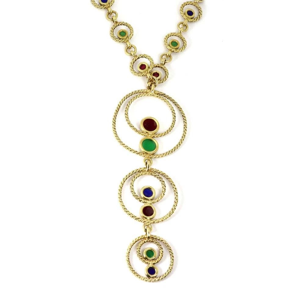 VINTAGE 18K YELLOW GOLD MULTICOLOR ENAMEL FANCY CIRCLE LINK LARIAT NECKLACE (1 of 2)