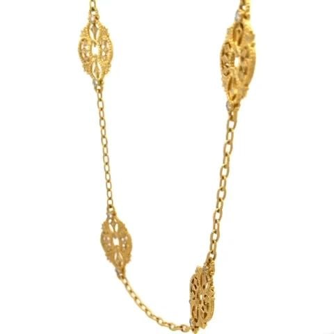 JUDITH RIPKA DIAMOND NECKLACE 18K YELLOW GOLD 6 FLORAL MOTIFS: JUDITH RIPKA DIAMOND NECKLACE 18K YELLOW GOLD 6 FLORAL MOTIFS JUDITH RIPKA DIAMOND NECKLACE 18K YELLOW GOLD 6 FLORAL MOTIFS This beautiful long authentic necklace is by Judith Ripka, it is crafted fro