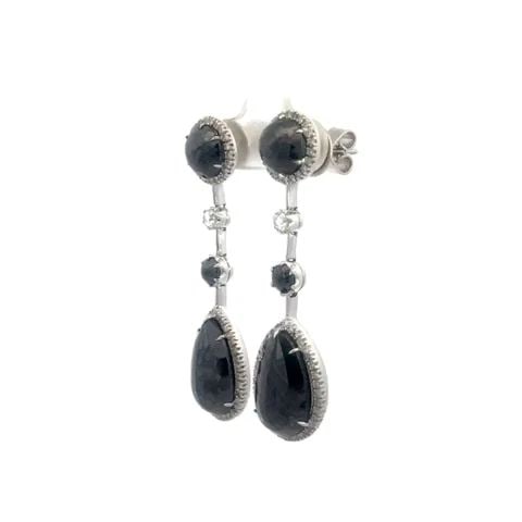 DIAMOND HEMATITE 18K GOLD EARRINGS DROP DANGLE WHITE HALO STYLE: DIAMOND HEMATITE 18K GOLD EARRINGS DROP DANGLE WHITE HALO STYLE DIAMOND HEMATITE 18K GOLD EARRINGS DROP DANGLE WHITE HALO STYLE This elegant pair of earrings are crafted from 18k white gold. The pair 
