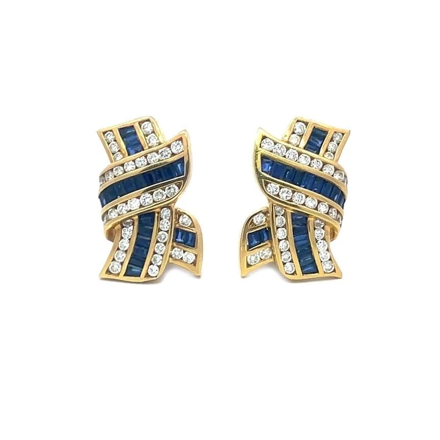 70455 CHARLES KRYPELL SAPPHIRE GOLD EARRINGS DIAMOND 18K YELLOW RIBBON STYLE (1 of 1)