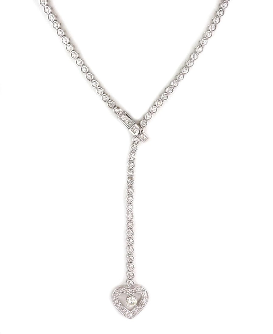 LARIAT DIAMONDS NECKLACE 14K WHITE GOLD HEART PENDANT 2 CARATS: LARIAT DIAMONDS NECKLACE 14K WHITE GOLD HEART PENDANT 2 CARATS LARIAT DIAMONDS NECKLACE 14K WHITE GOLD HEART PENDANT 2 CARATS Estate 2.00ct Diamonds 14k White Gold Heart Pendant Lariat Necklace Descri